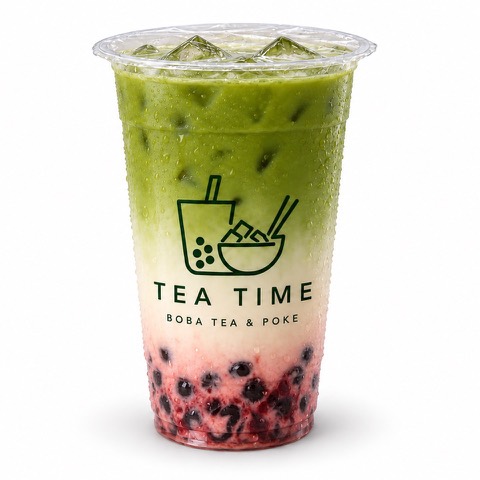 Strawberry matcha latte with boba in a Tea Time glass