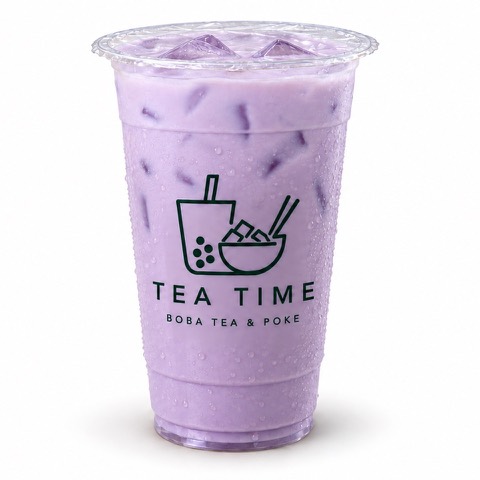 Ube taro milk tea with boba in a Tea Time glass